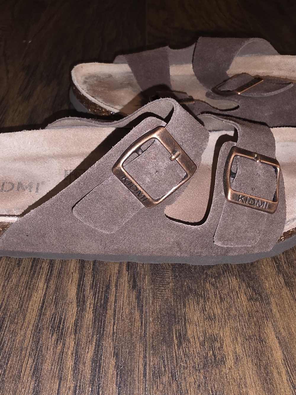 Kidmi Women's Suede Double-Buckle Slide Sandals in Taupe